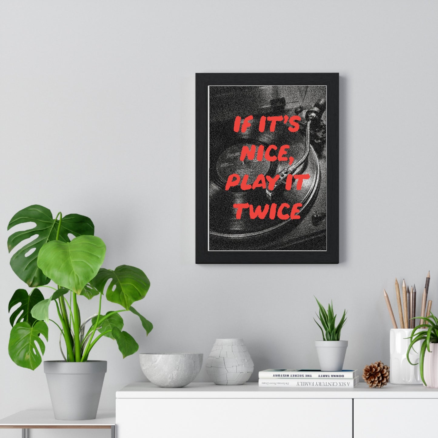 01 Vinyl Records music poster framed on living room wall above sideboard