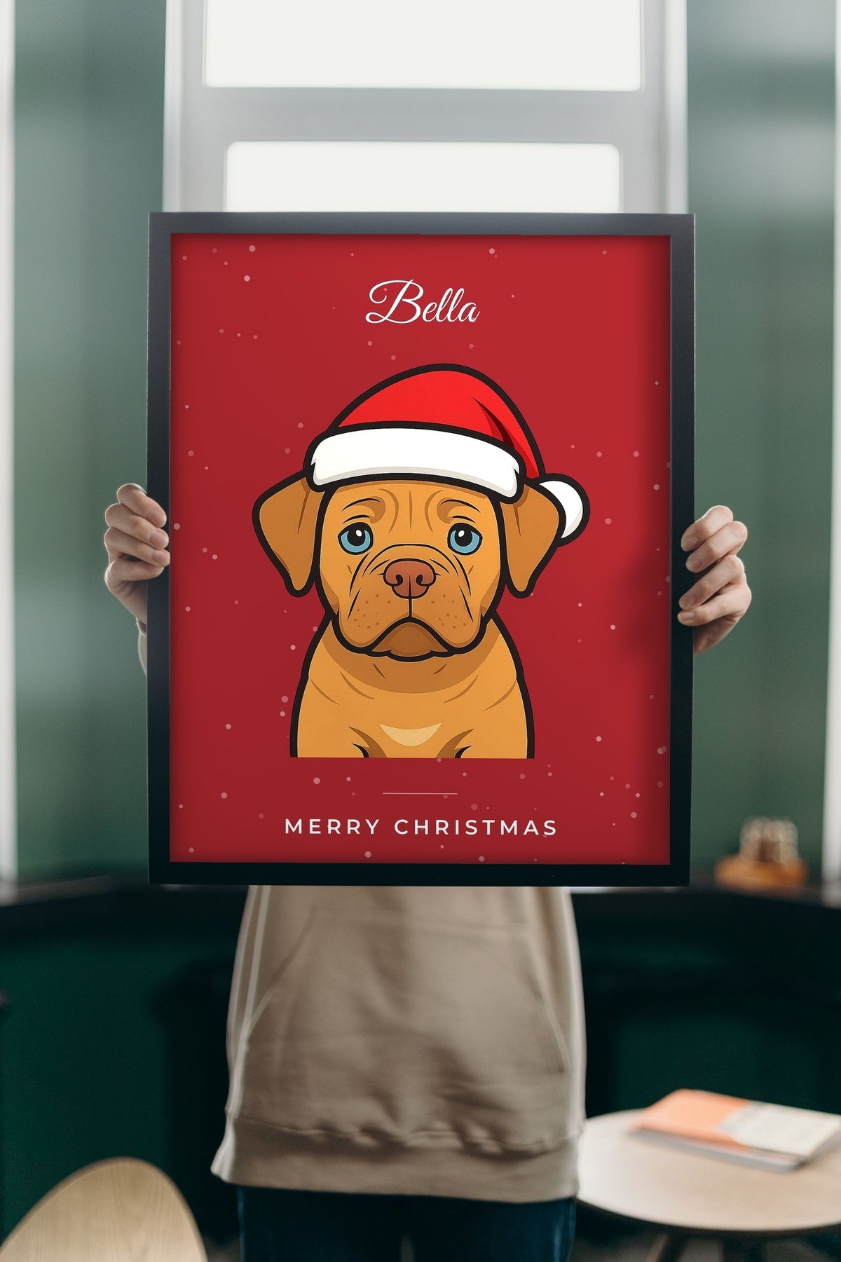 Lifestyle - Personalised Christmas Pet Portrait Print held up in a bright room