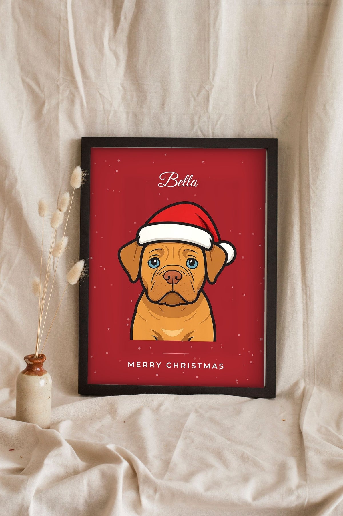 Lifestyle - Personalised Christmas Pet Portrait Print leaning in a frame with dried flowers