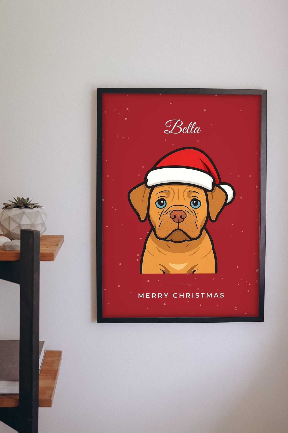 Lifestyle - Personalised Christmas Pet Portrait Print hanging on a living room wall