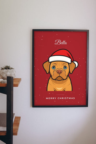Lifestyle - Personalised Christmas Pet Portrait Print hanging on a living room wall