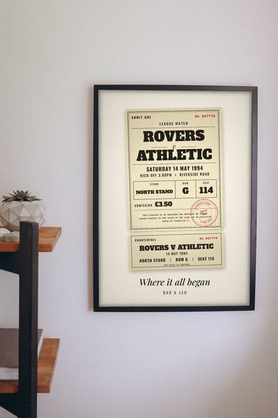 Lifestyle - Personalised Vintage Football Ticket Print hanging on a living room wall