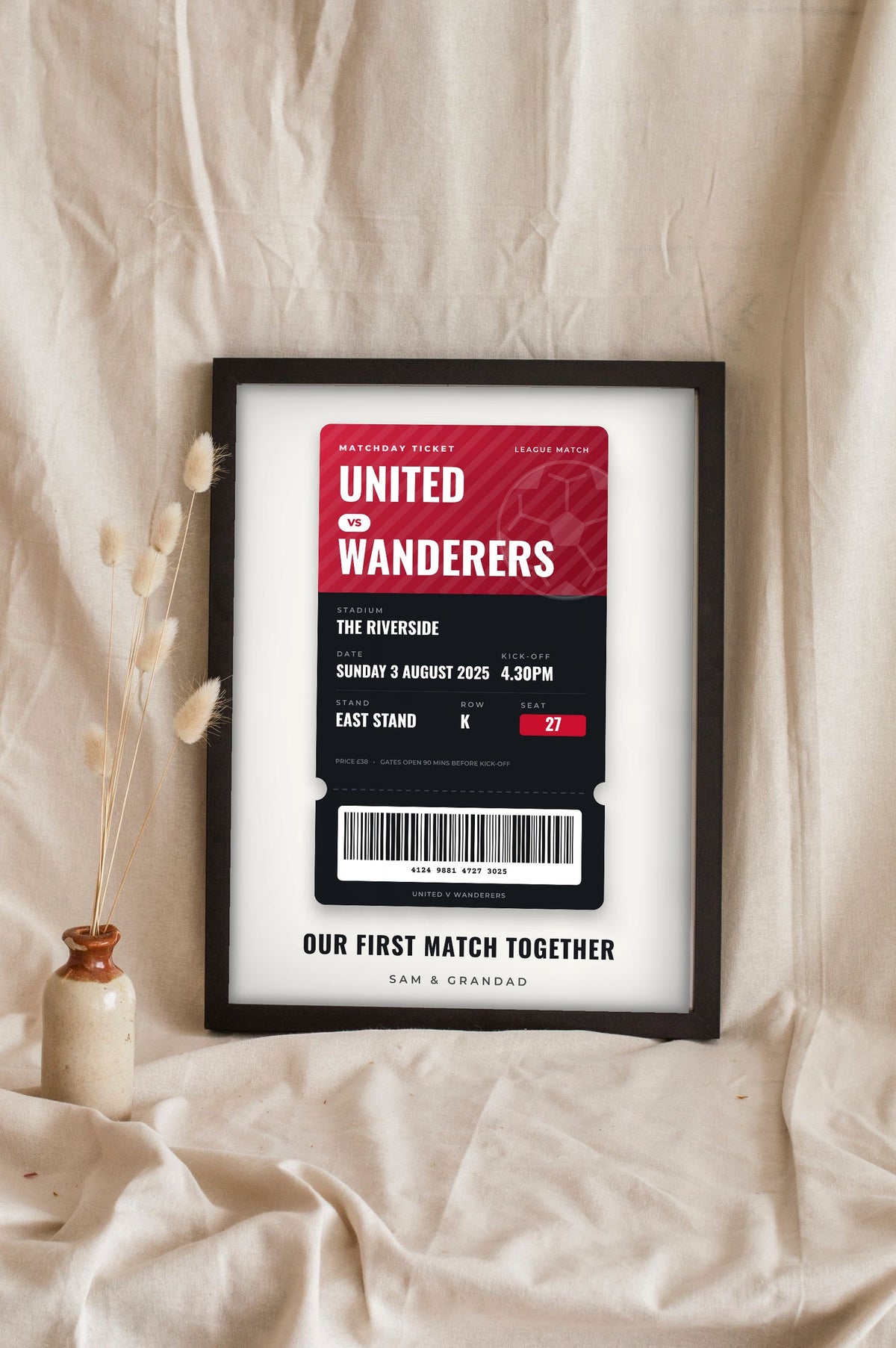 Lifestyle - Personalised Football Match Ticket Print leaning in a frame with dried flowers