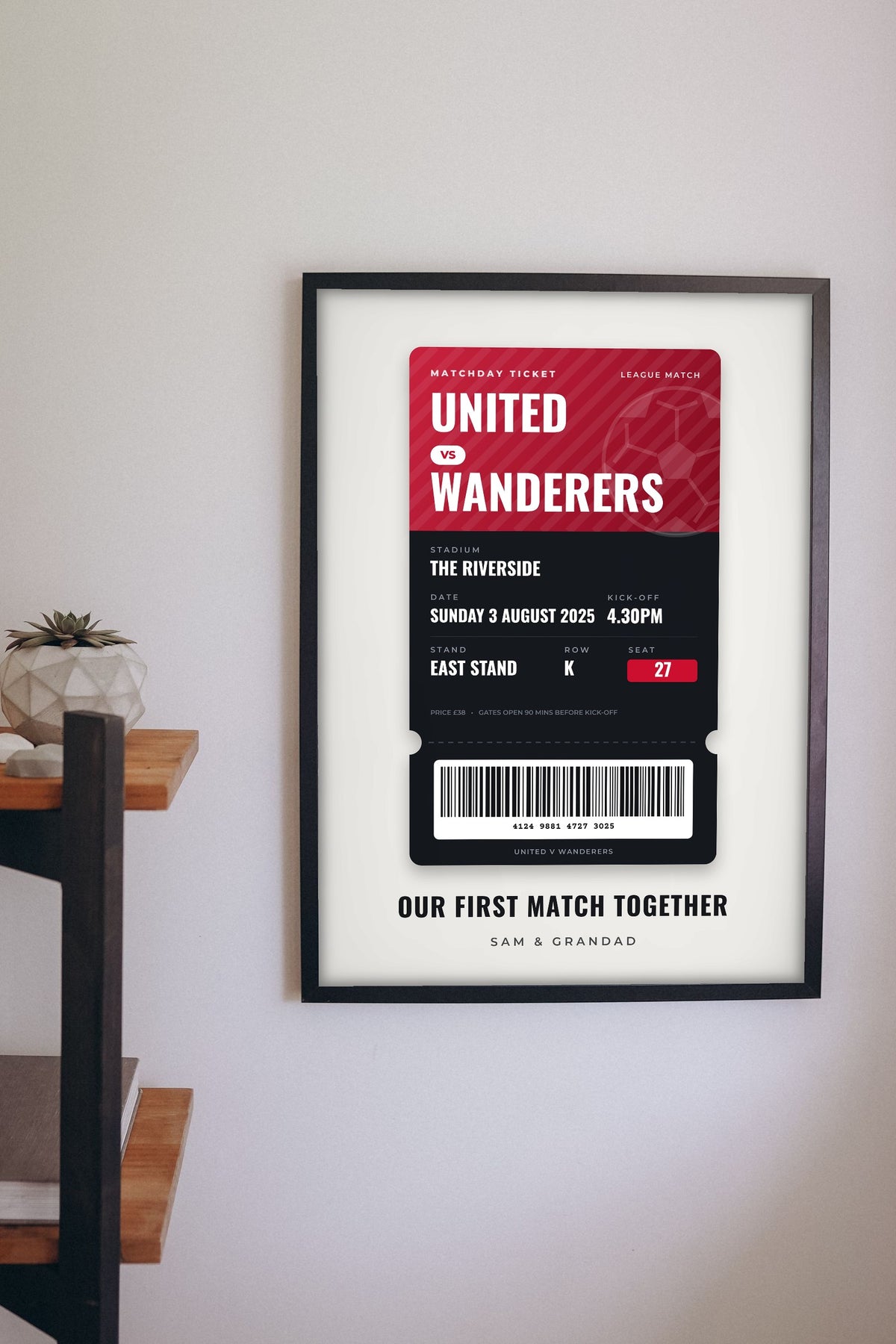 Lifestyle - Personalised Football Match Ticket Print hanging on a living room wall