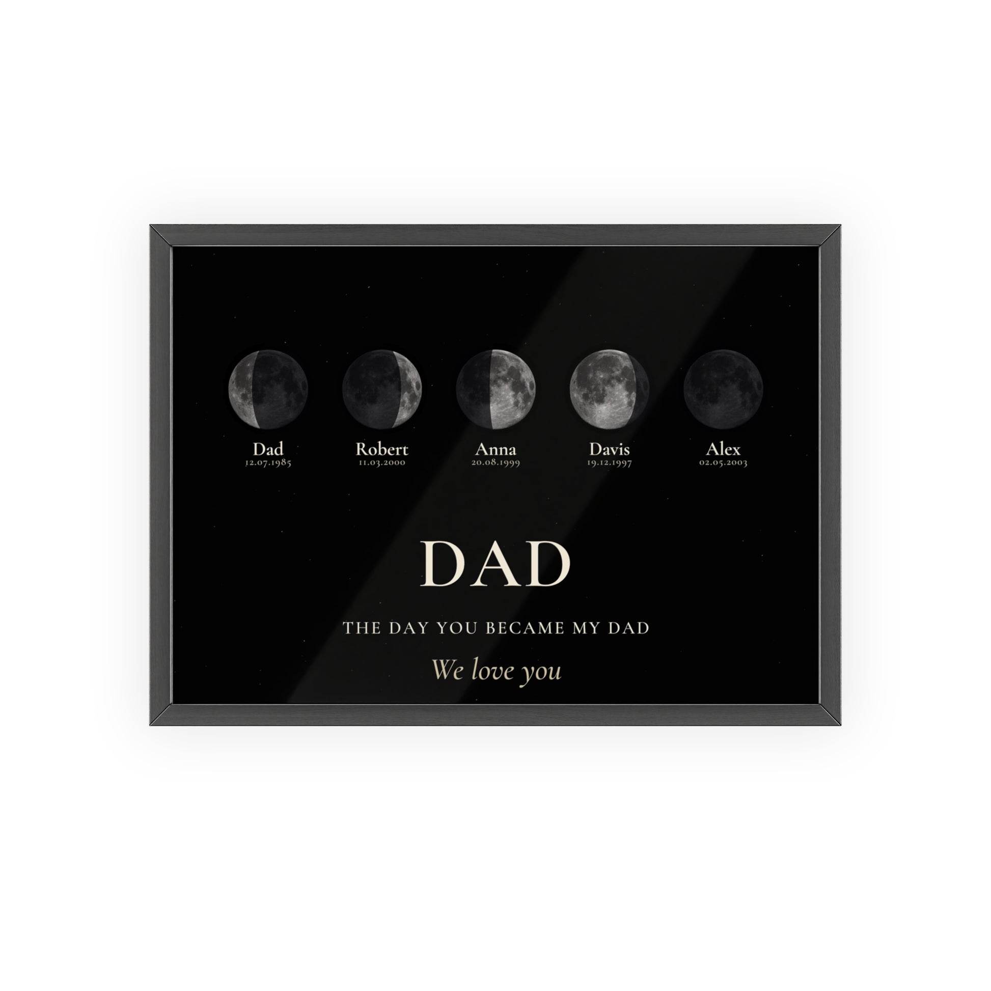 Personalised Dad moon phase print with custom date, names and message