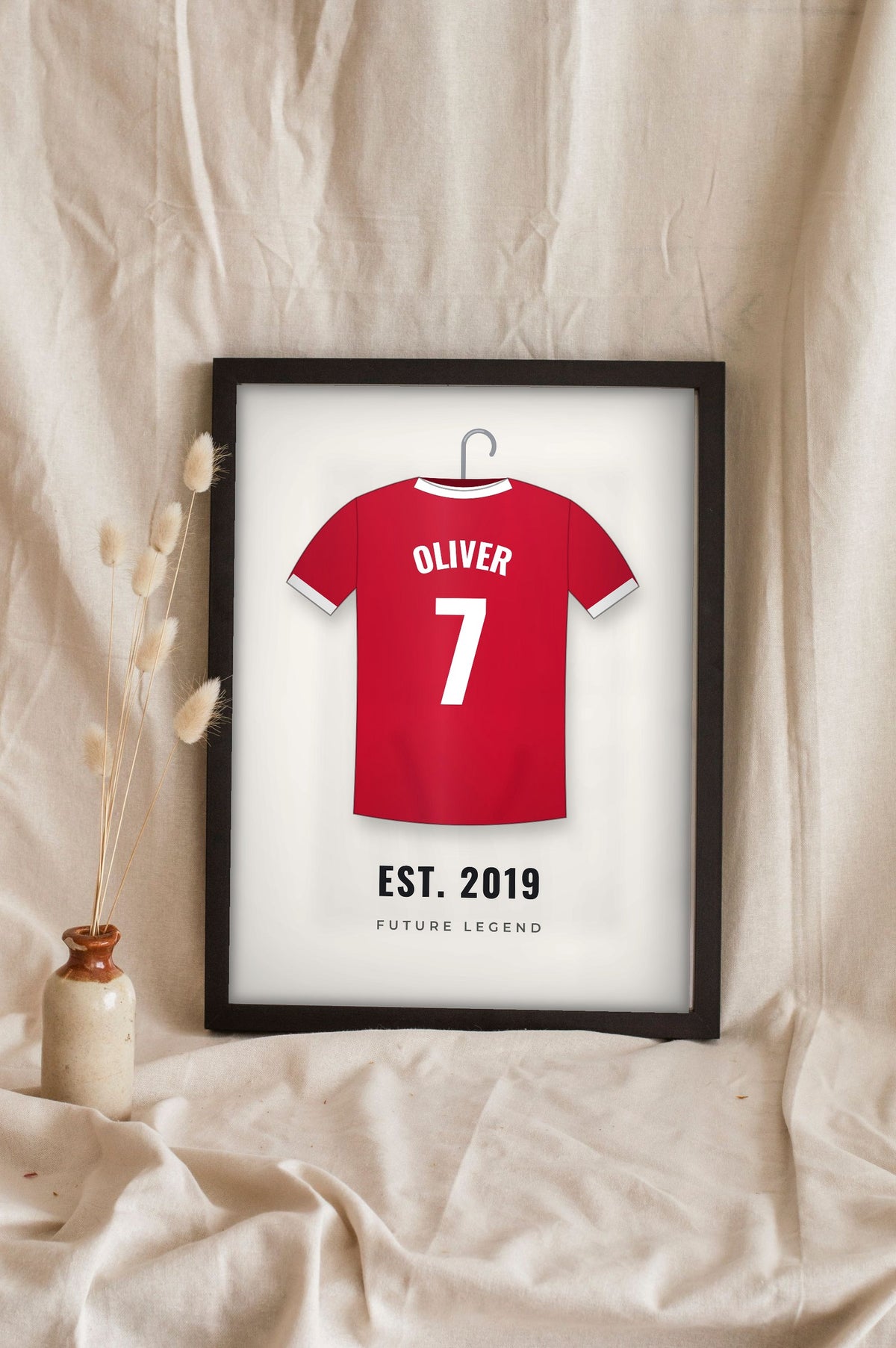 Lifestyle - Personalised Kids Football Shirt Print leaning in a frame with dried flowers