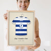 Lifestyle - Personalised Retro Football Shirt Print held by a smiling woman