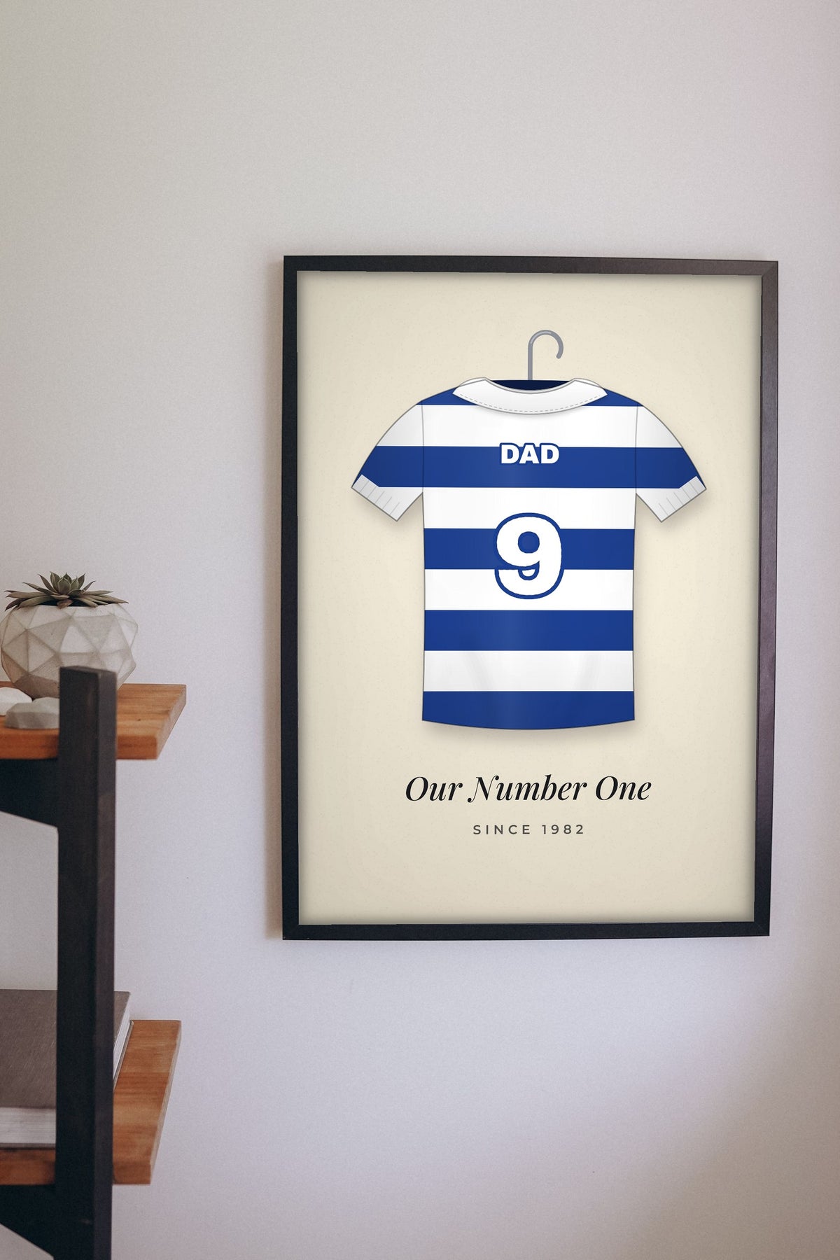 Lifestyle - Personalised Retro Football Shirt Print hanging on a living room wall