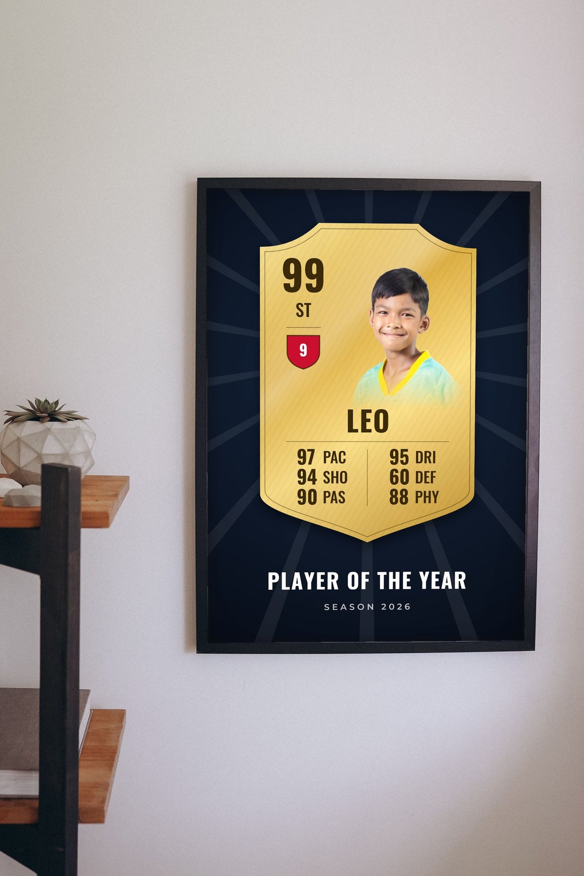 Lifestyle - Personalised Football Player Card Print hanging on a living room wall