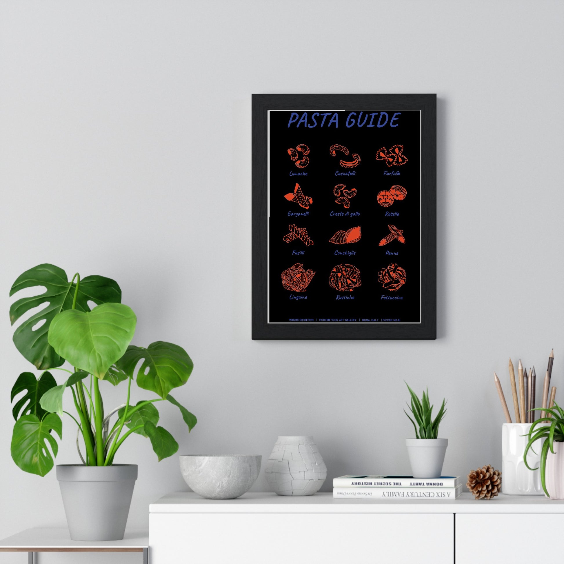 Italian pasta guide kitchen wall art poster framed on living room wall
