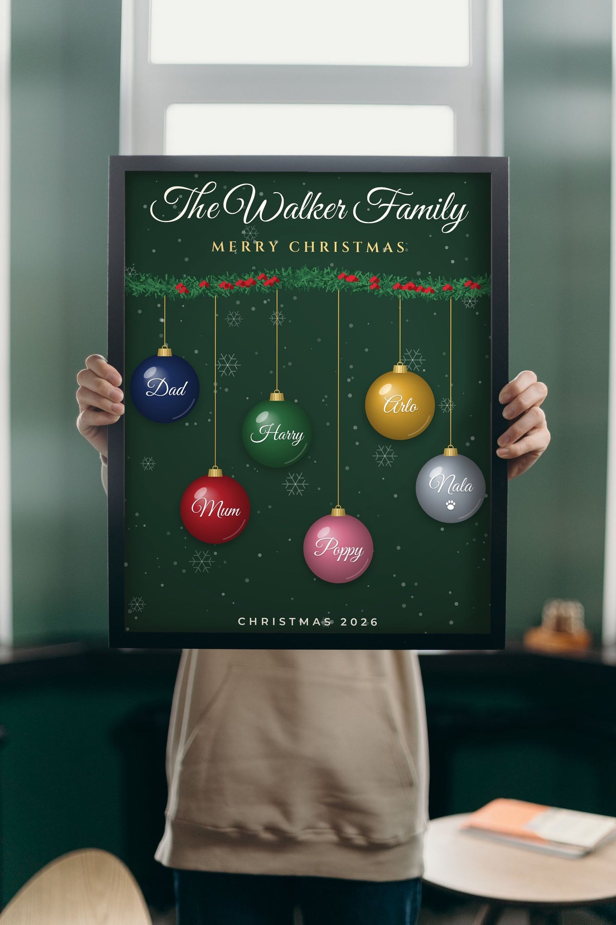 Lifestyle - Personalised Family Christmas Bauble Print held up in a bright room