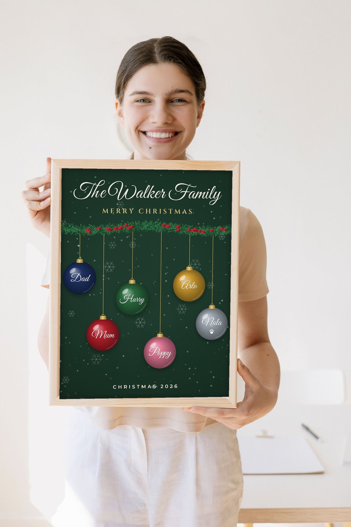Lifestyle - Personalised Family Christmas Bauble Print held by a smiling woman
