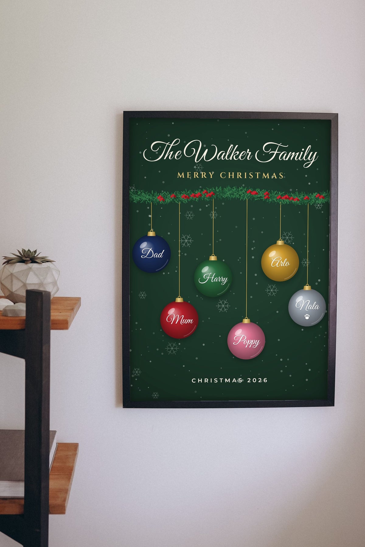 Lifestyle - Personalised Family Christmas Bauble Print hanging on a living room wall