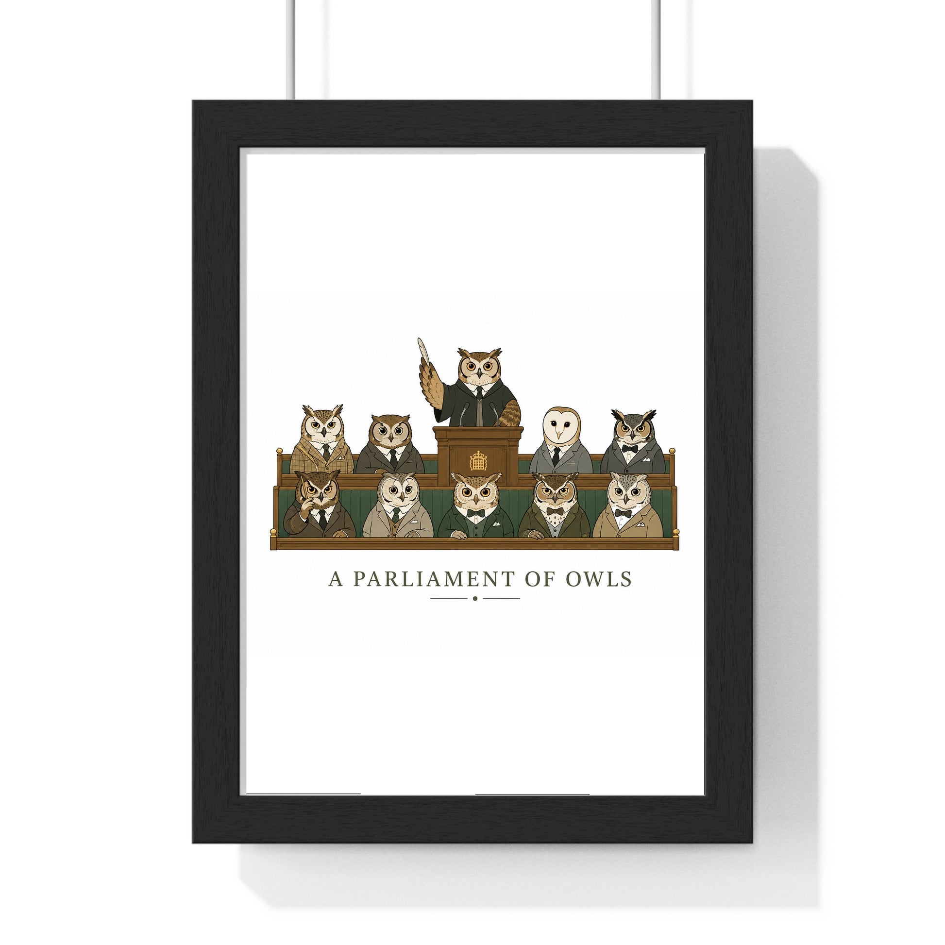 A Parliament of Owls poster in black wood frame