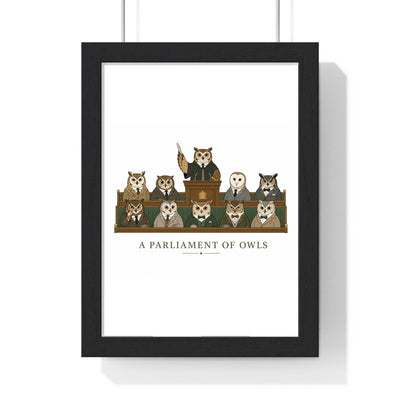 A Parliament of Owls poster in black wood frame
