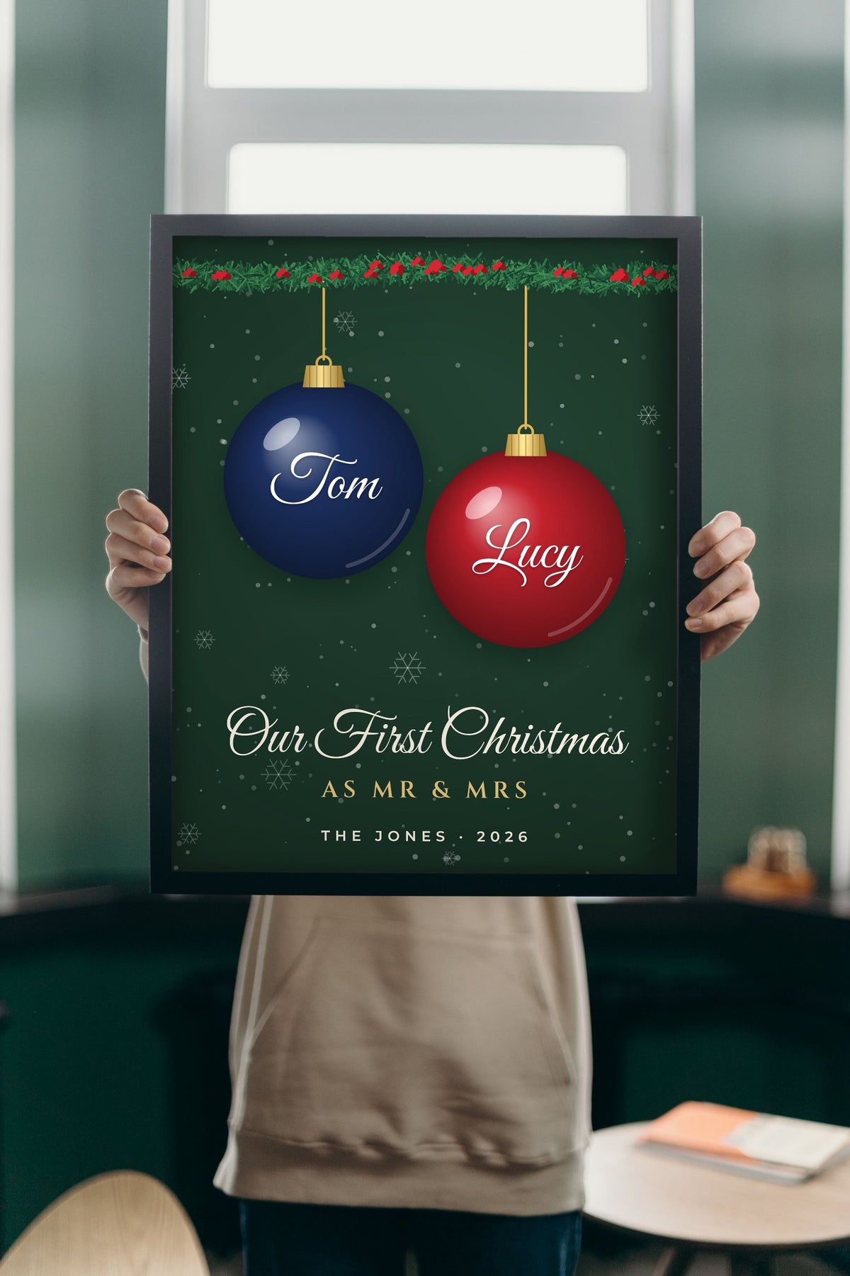 Lifestyle - Personalised First Christmas as Mr & Mrs Print held up in a bright room