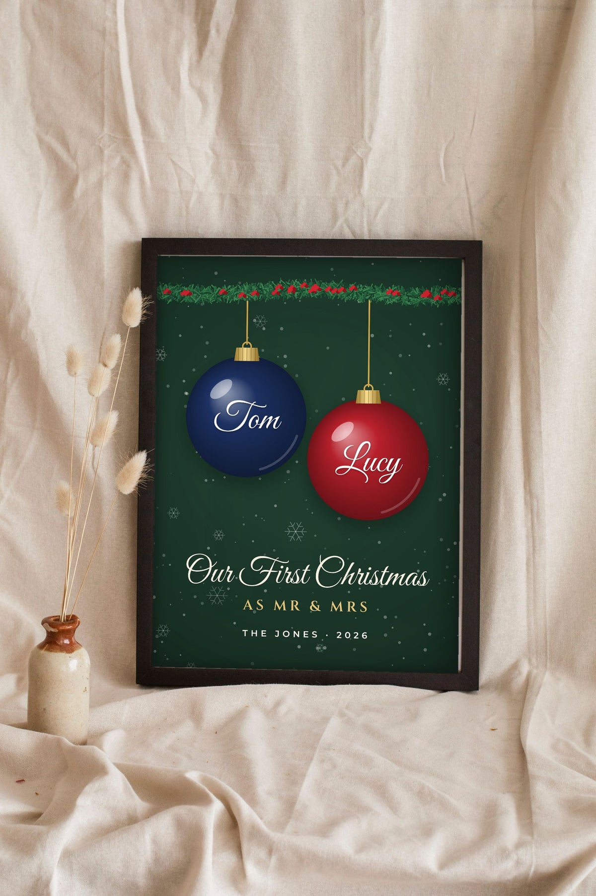 Lifestyle - Personalised First Christmas as Mr & Mrs Print leaning in a frame with dried flowers