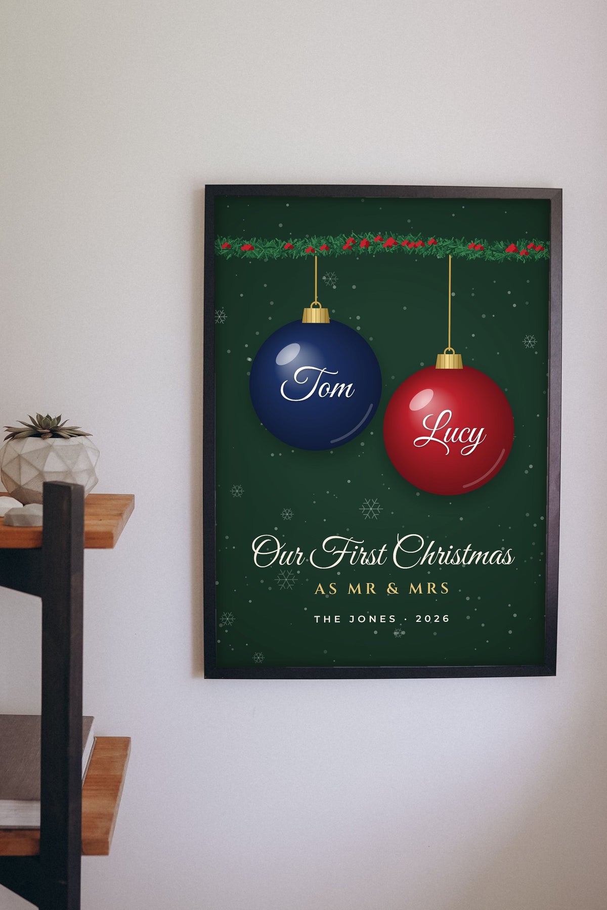 Lifestyle - Personalised First Christmas as Mr & Mrs Print hanging on a living room wall