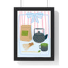 Matcha tea poster framed in black wood frame against white wall
