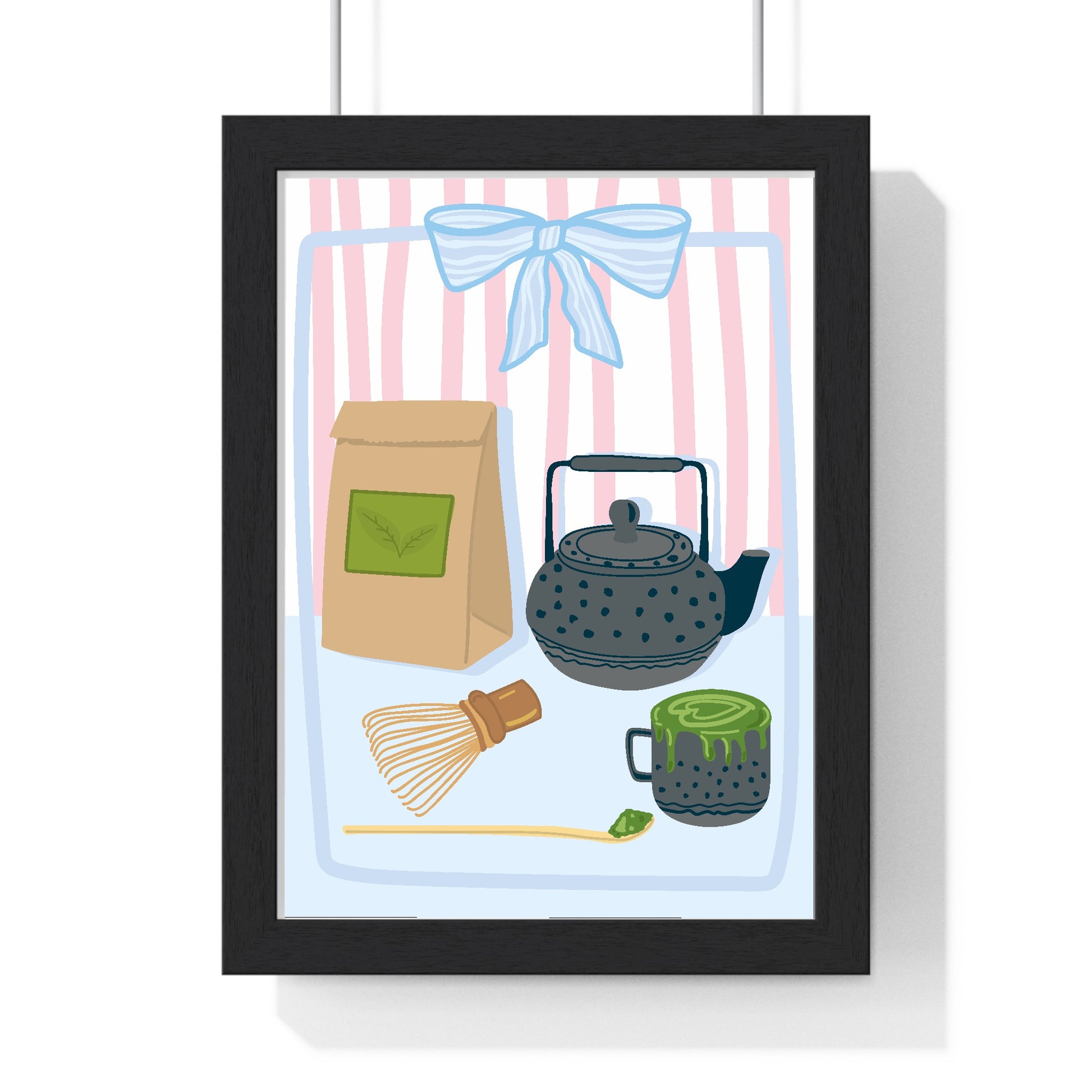 Matcha tea poster framed in black wood frame against white wall