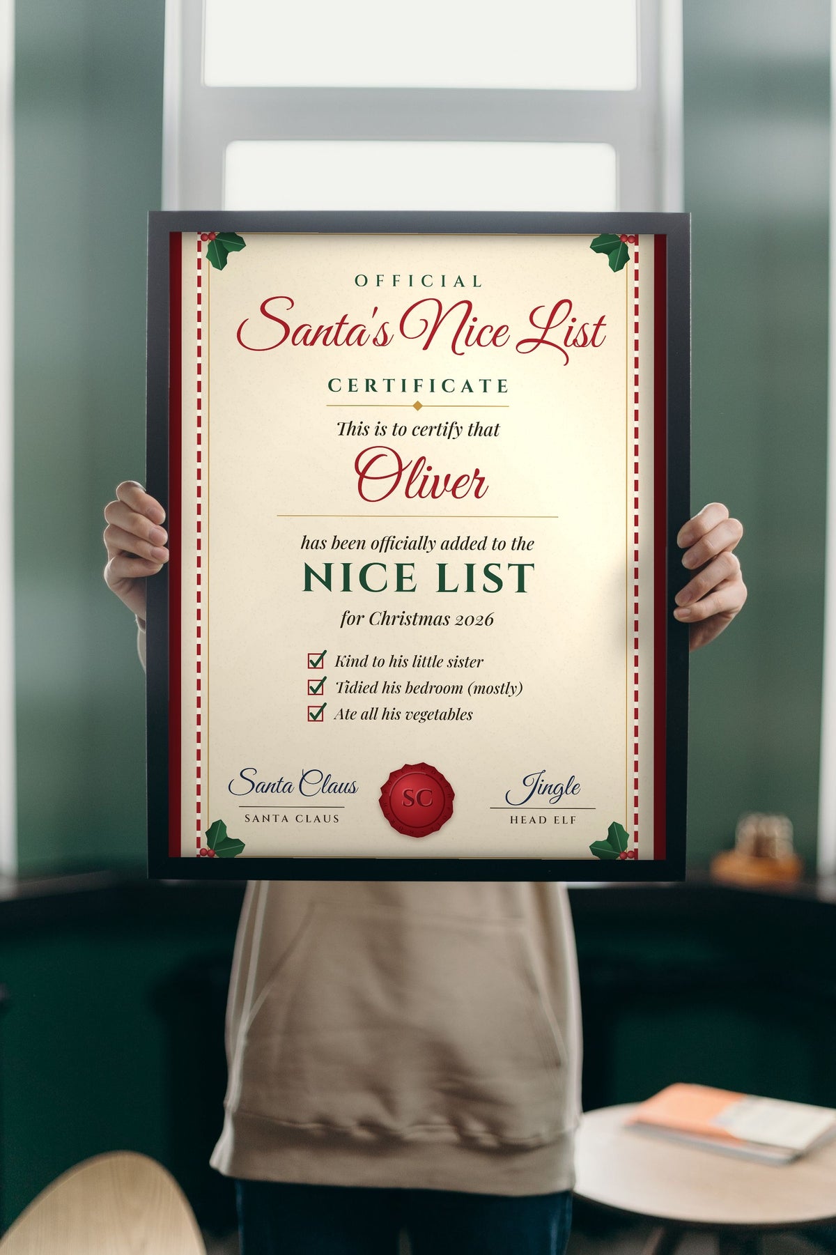 Lifestyle - Personalised Santa's Nice List Certificate Print held up in a bright room