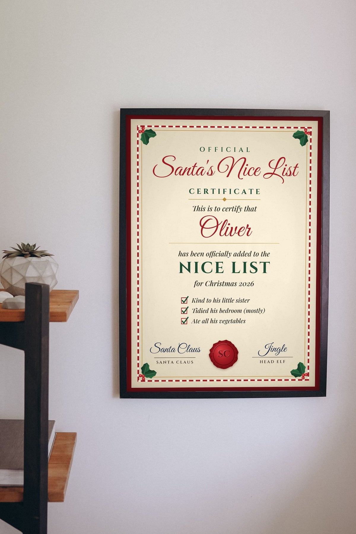 Lifestyle - Personalised Santa's Nice List Certificate Print hanging on a living room wall