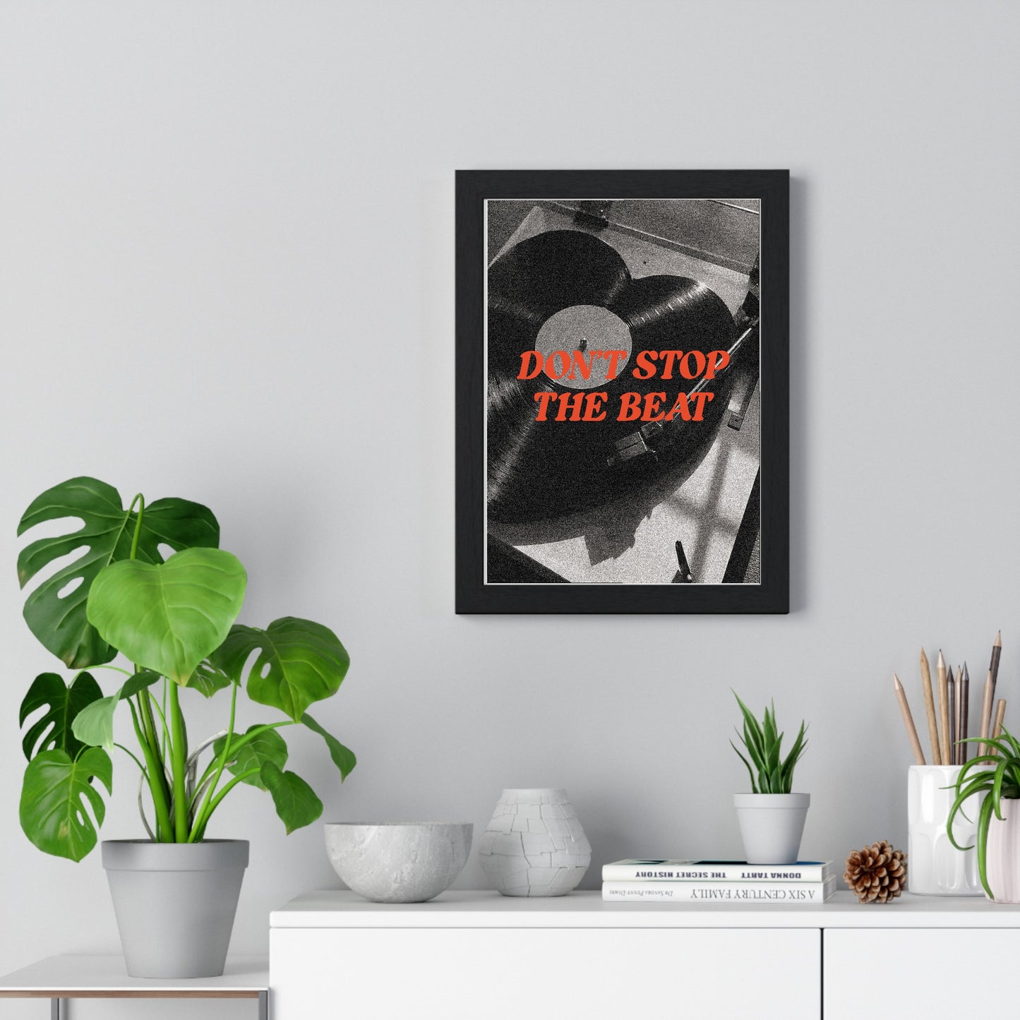 04 Vinyl Records framed poster displayed on living room wall