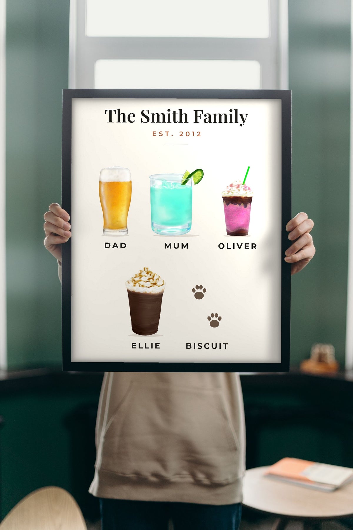 Lifestyle - Personalised Family Drinks Print held up in a bright room
