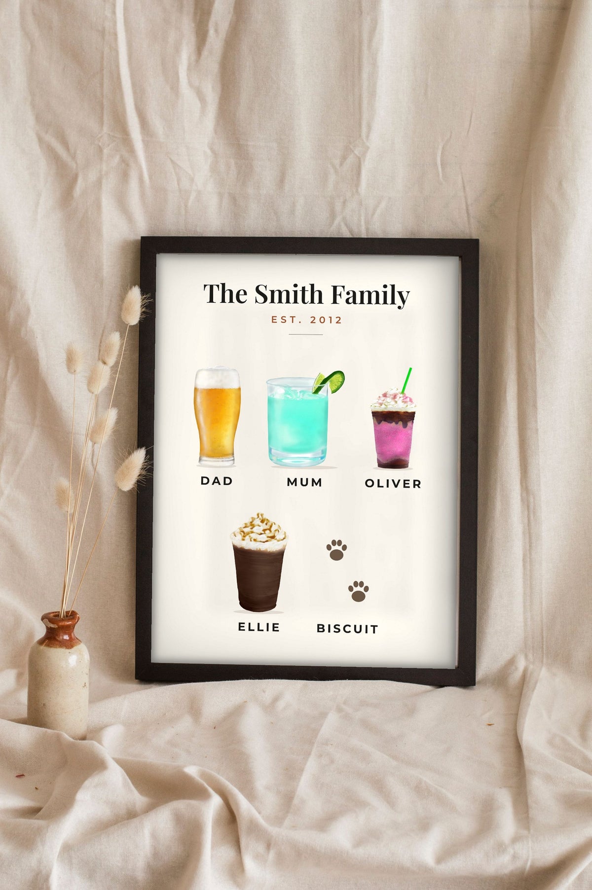 Lifestyle - Personalised Family Drinks Print leaning in a frame with dried flowers