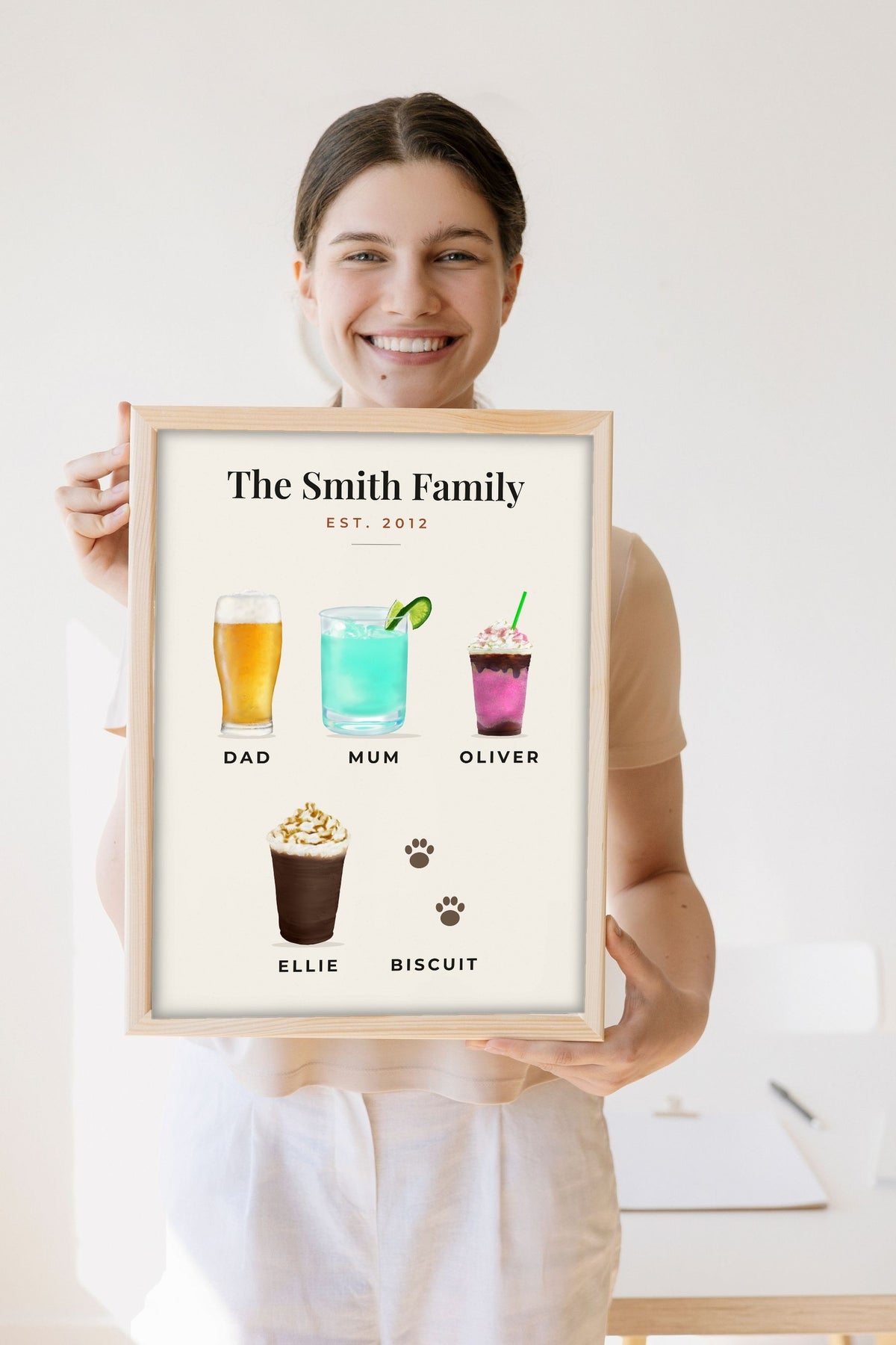 Lifestyle - Personalised Family Drinks Print held by a smiling woman