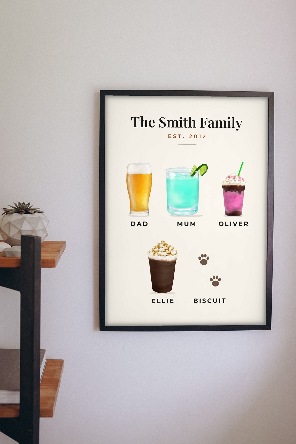 Lifestyle - Personalised Family Drinks Print hanging on a living room wall