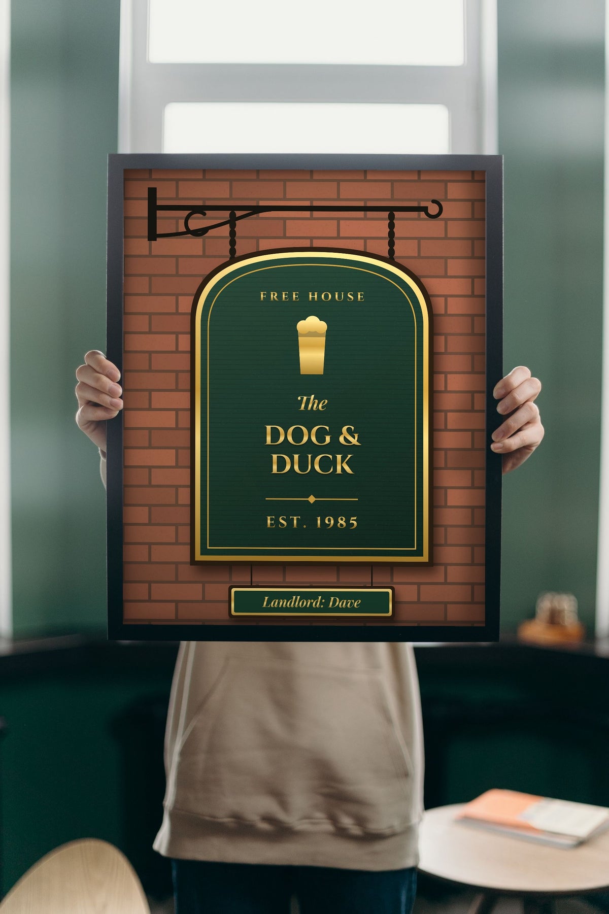 Lifestyle - Personalised Home Bar Pub Sign Print held up in a bright room