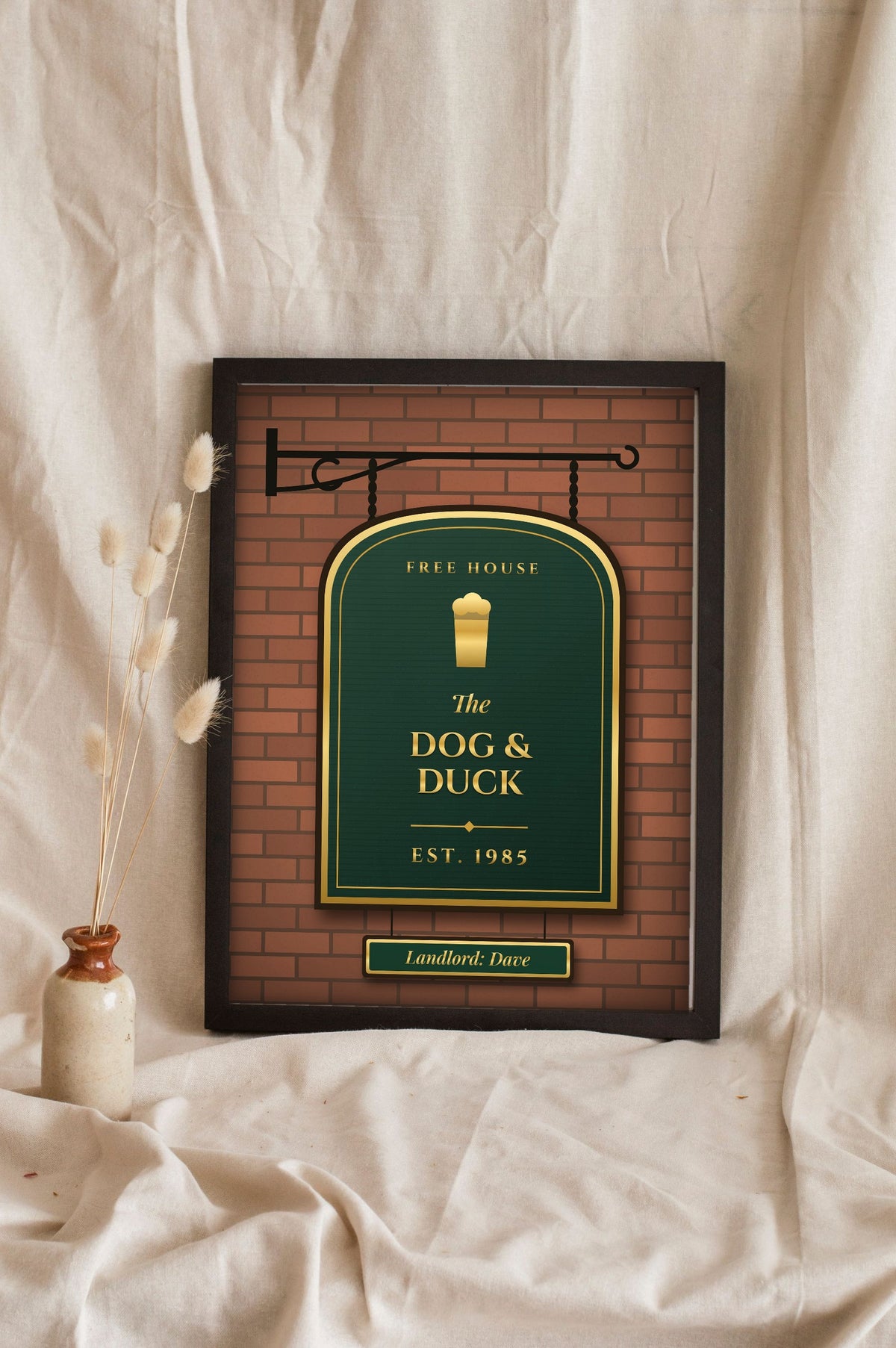 Lifestyle - Personalised Home Bar Pub Sign Print leaning in a frame with dried flowers