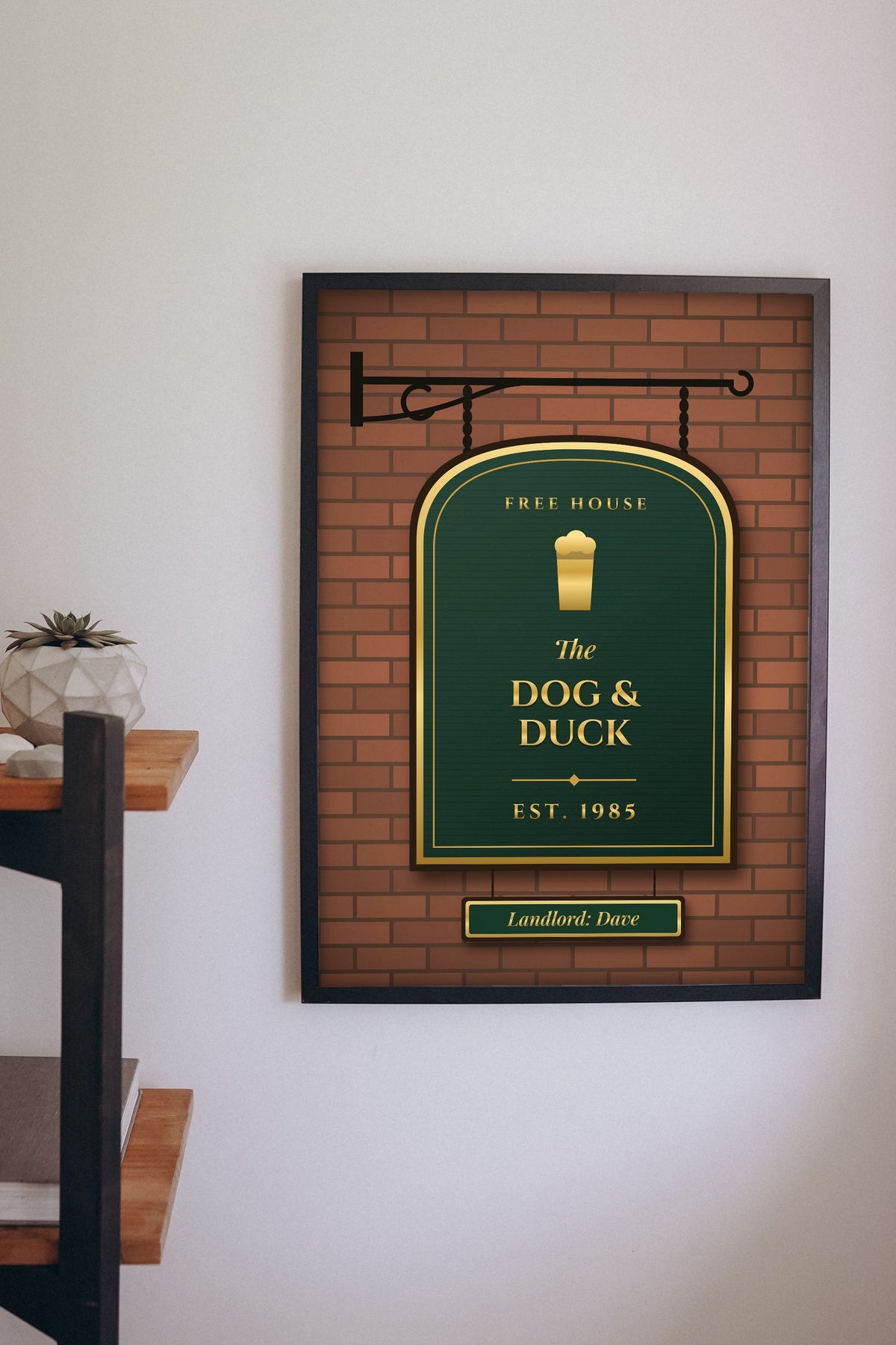 Lifestyle - Personalised Home Bar Pub Sign Print hanging on a living room wall