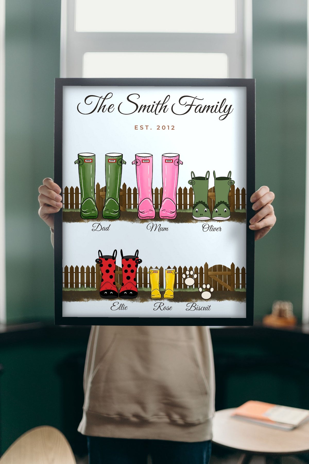 Lifestyle - Personalised Family Welly Boots Print held up in a bright room