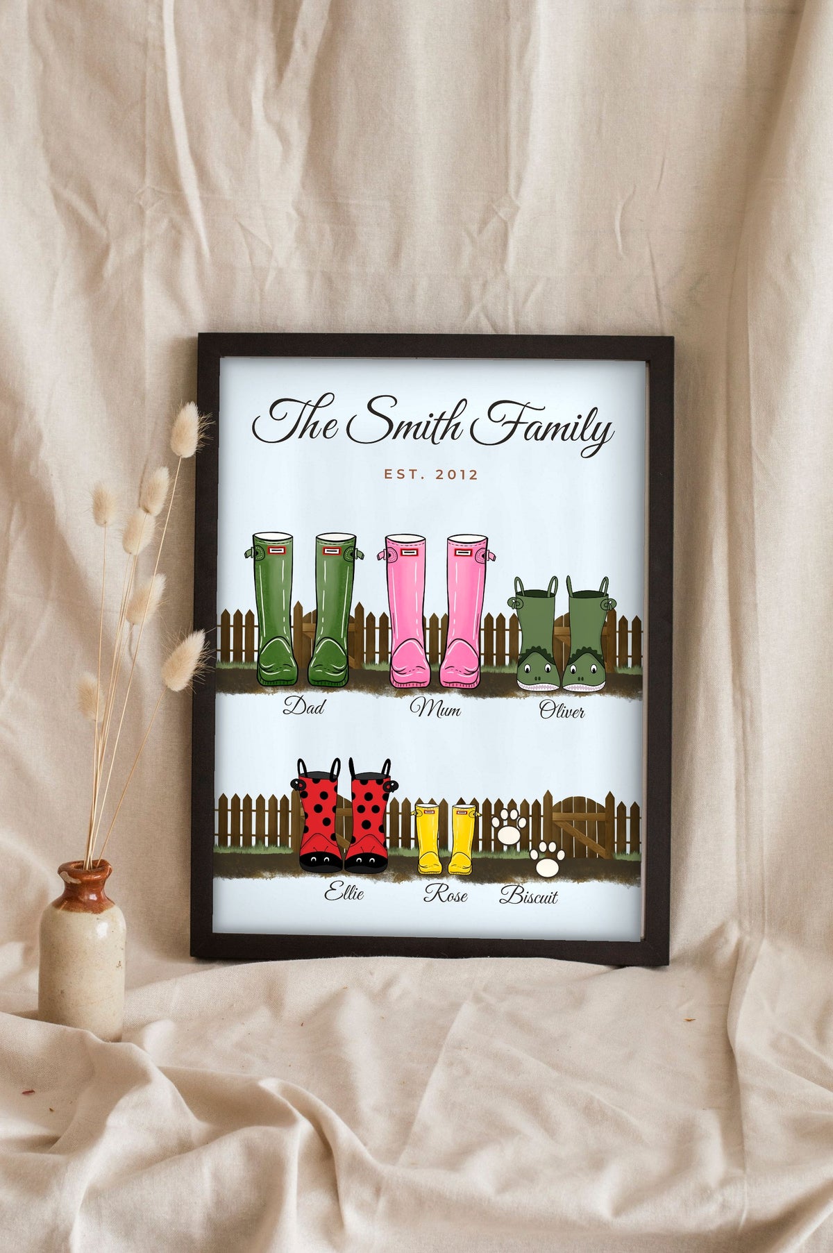Lifestyle - Personalised Family Welly Boots Print leaning in a frame with dried flowers