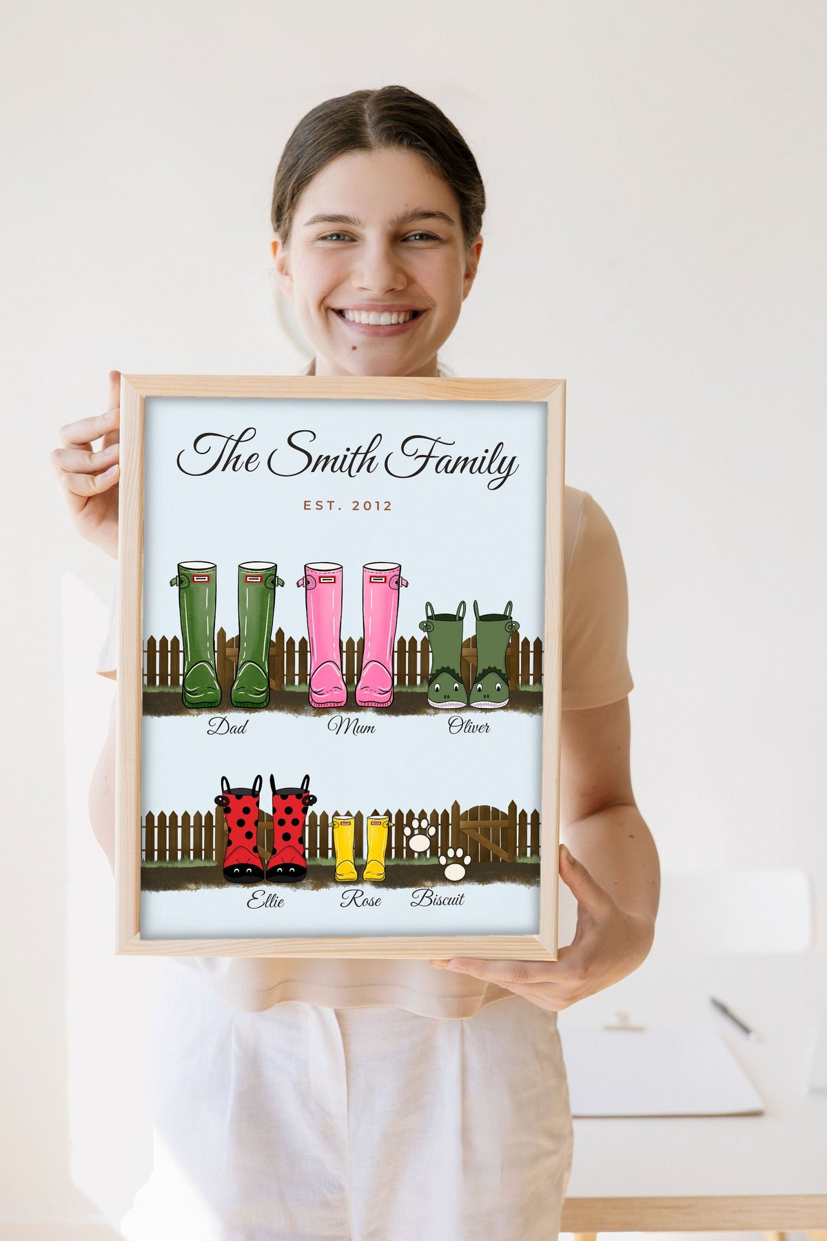 Lifestyle - Personalised Family Welly Boots Print held by a smiling woman