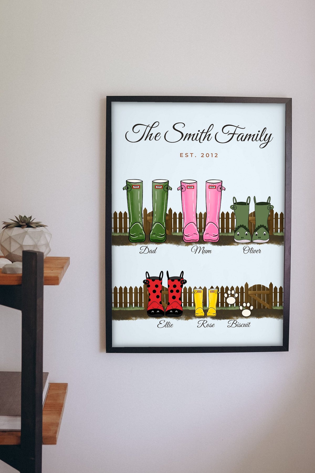 Lifestyle - Personalised Family Welly Boots Print hanging on a living room wall