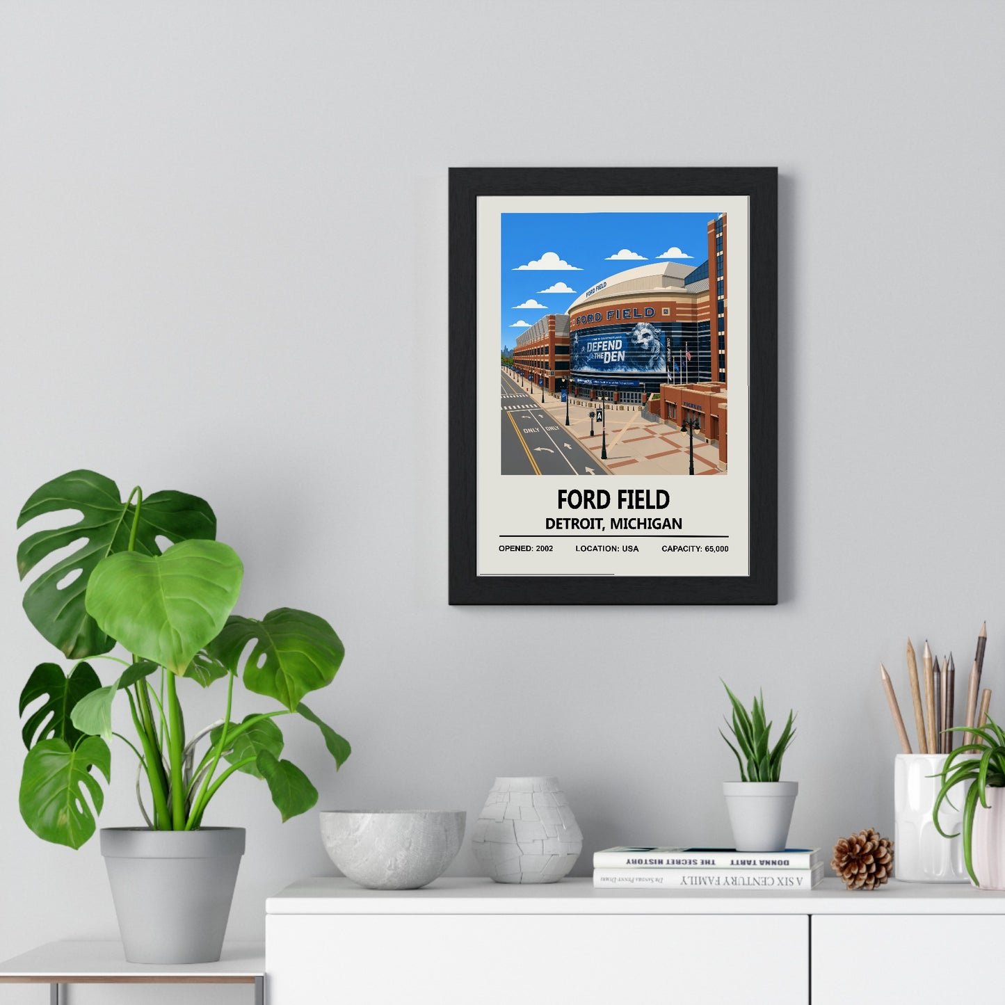Ford Field Detroit Lions stadium poster framed on living room wall