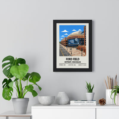 Ford Field Detroit Lions stadium poster framed on living room wall