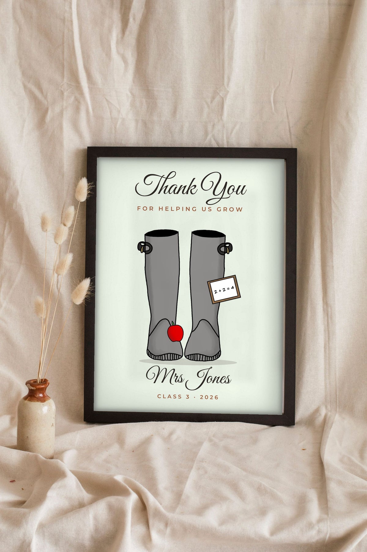Lifestyle - Personalised Thank You Teacher Print leaning in a frame with dried flowers