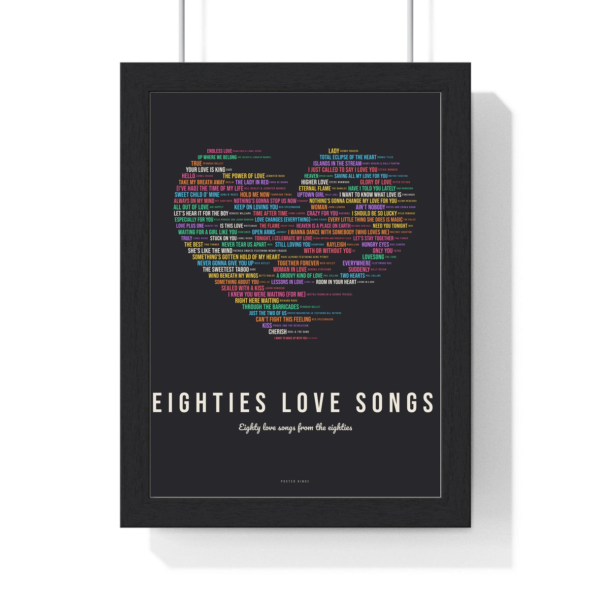80s Love Songs Poster framed in a black frame, ready to hang