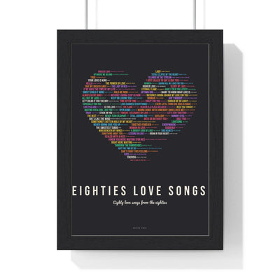 80s Love Songs Poster framed in a black frame, ready to hang