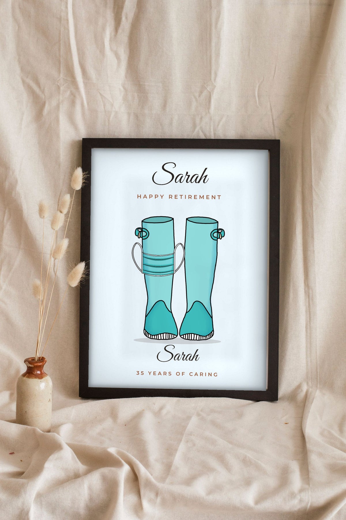 Lifestyle - Personalised Occupation Welly Boots Print leaning in a frame with dried flowers