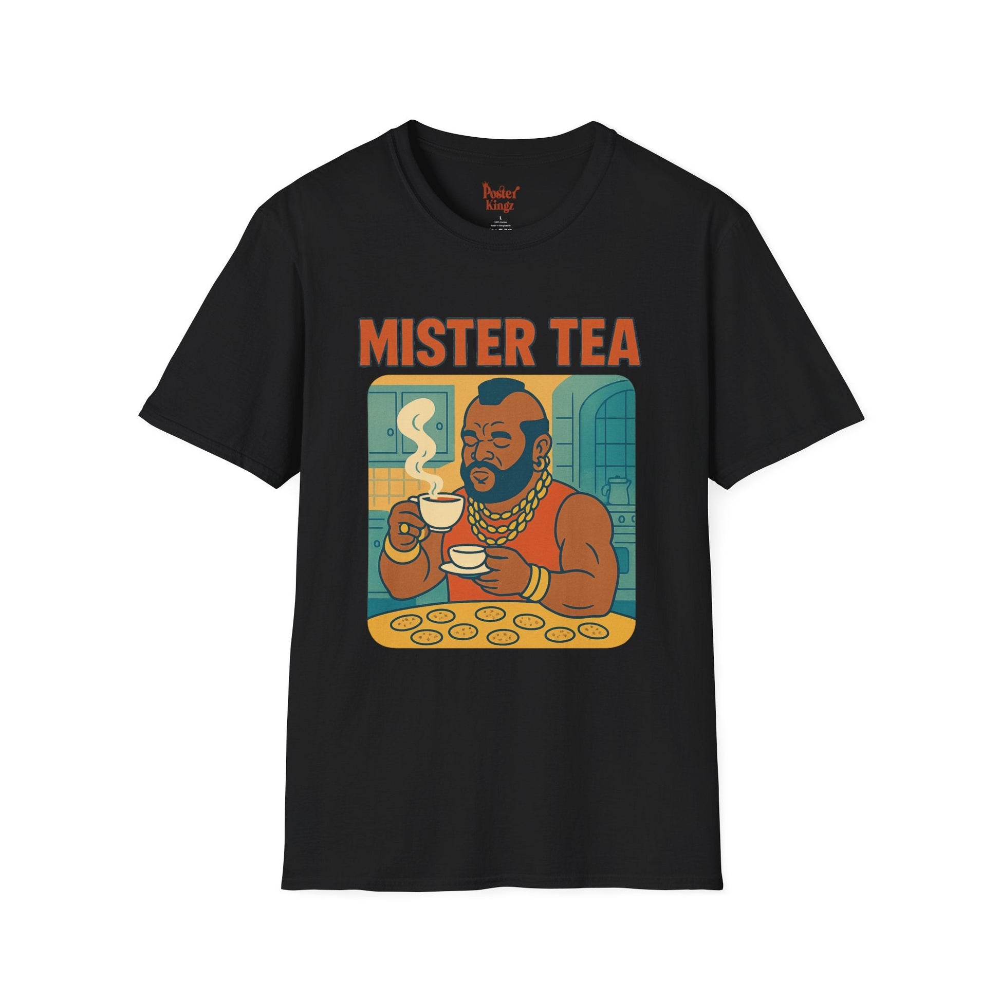 Black t-shirt with Mister Tea Pop Culture Parody