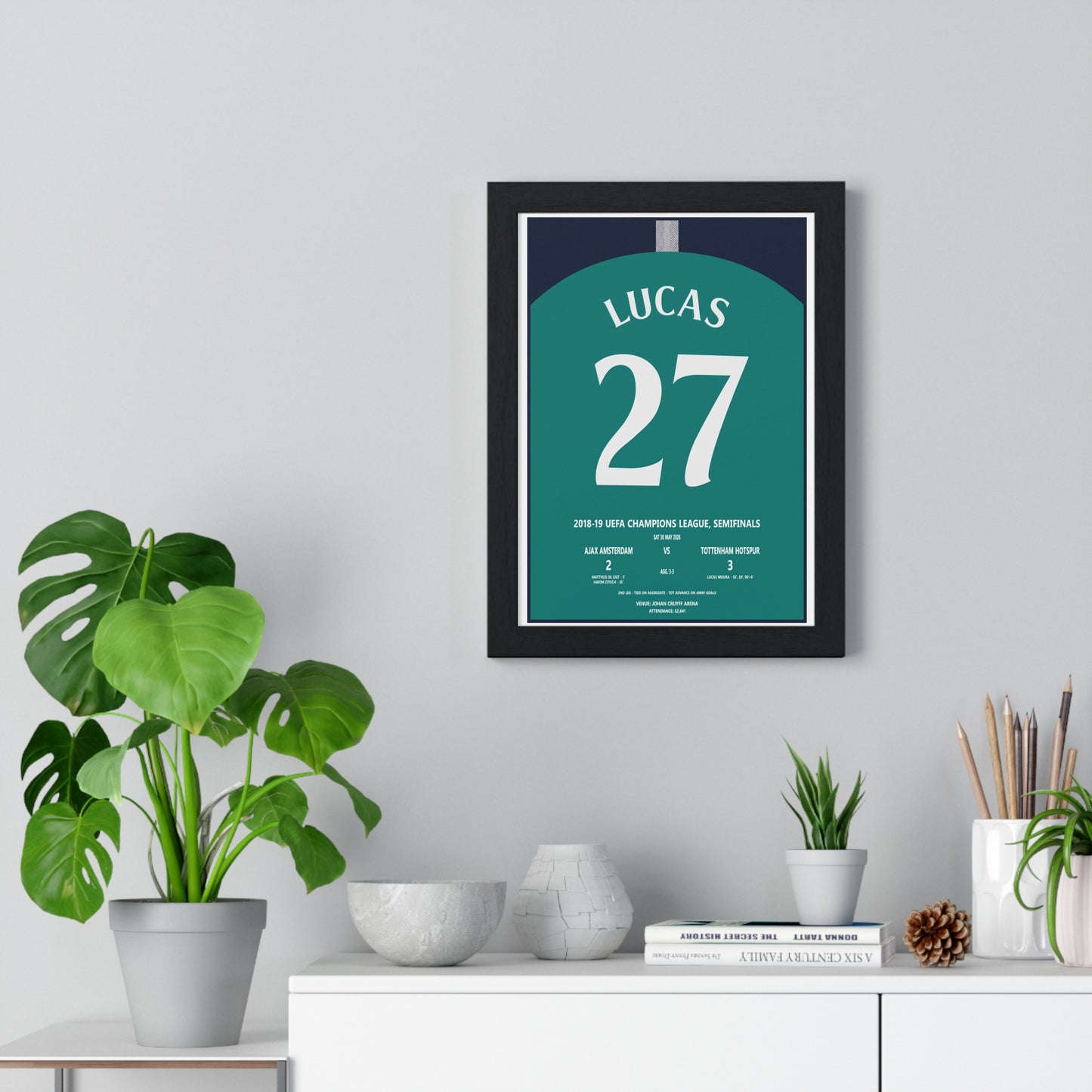 Tottenham Lucas 27 Ajax comeback poster shown framed on wall