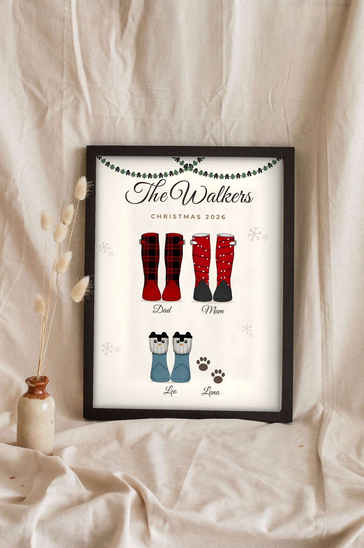 Lifestyle - Personalised Christmas Family Welly Boots Print leaning in a frame with dried flowers