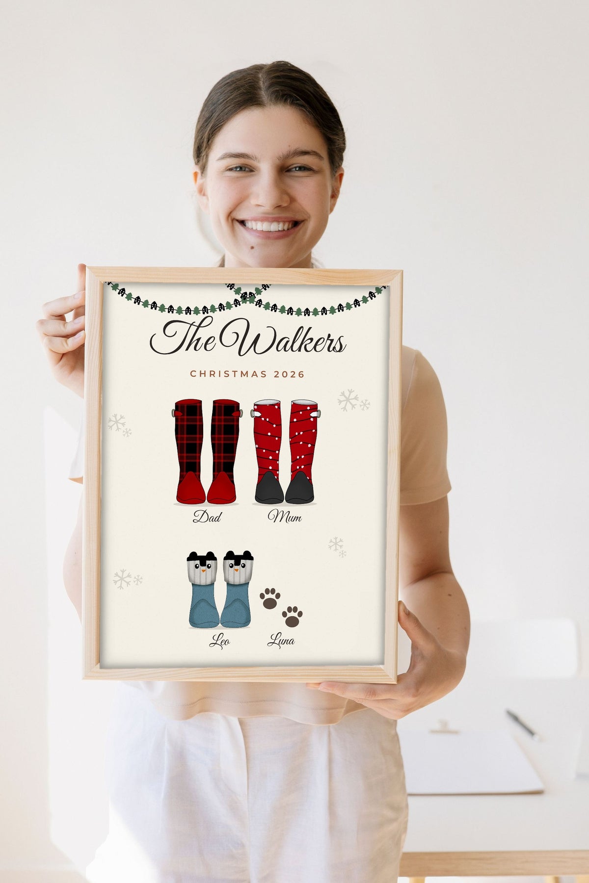 Lifestyle - Personalised Christmas Family Welly Boots Print held by a smiling woman