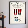 Lifestyle - Personalised Christmas Family Welly Boots Print hanging on a living room wall