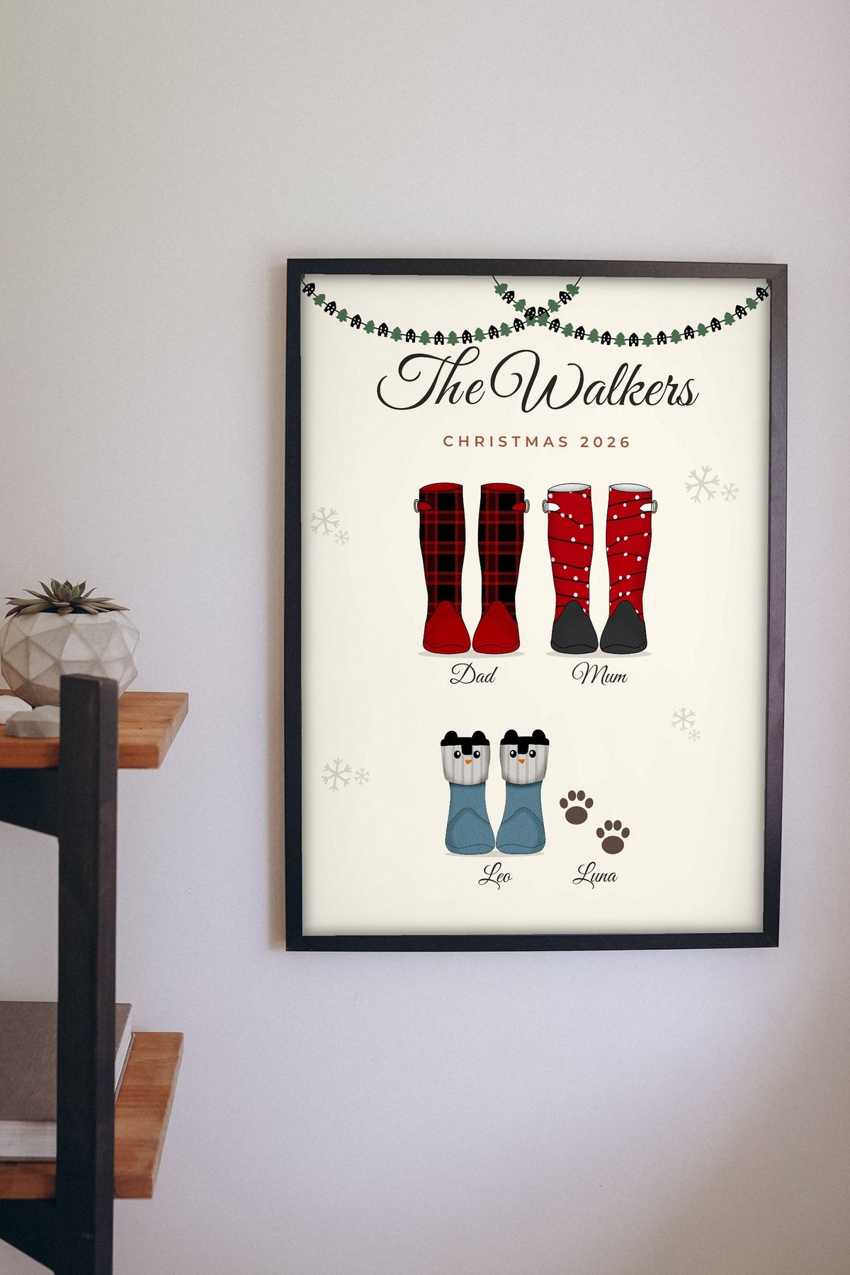 Lifestyle - Personalised Christmas Family Welly Boots Print hanging on a living room wall
